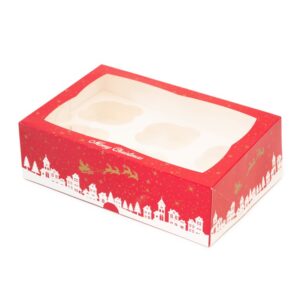 6 Hole Christmas Cupcake Box - Festive Design with Window - 3 Inch Deep